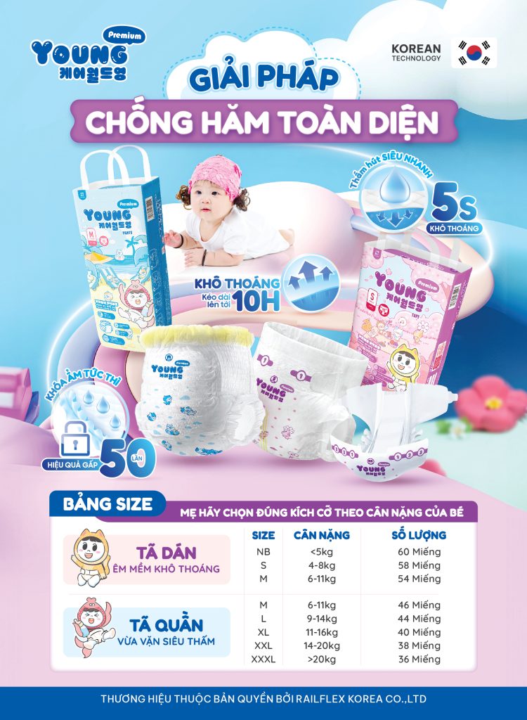 Bỉm Young size M cho bé bao nhiêu kg - bảng size chuẩn
