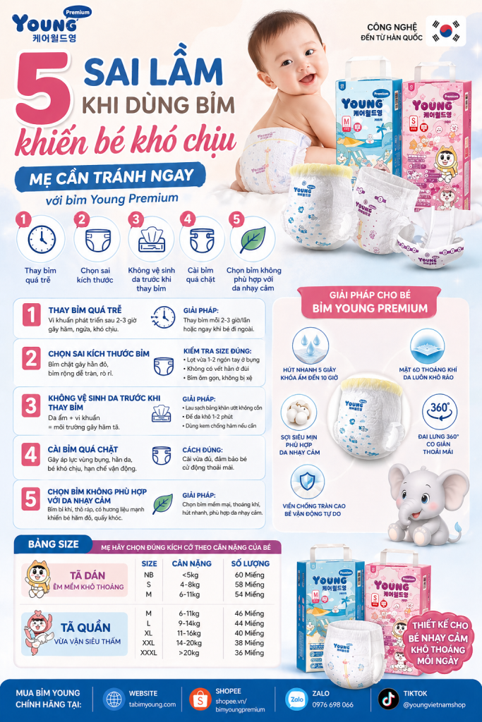 Bỉm cho bé nhạy cảm – 5 sai lầm khi dùng bỉm khiến bé khó chịu và cách khắc phục đúng với bỉm Young Premium.