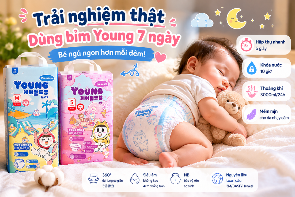 trải nghiệm bỉm young premium 7 ngày cho bé ngủ ngon ban đêm