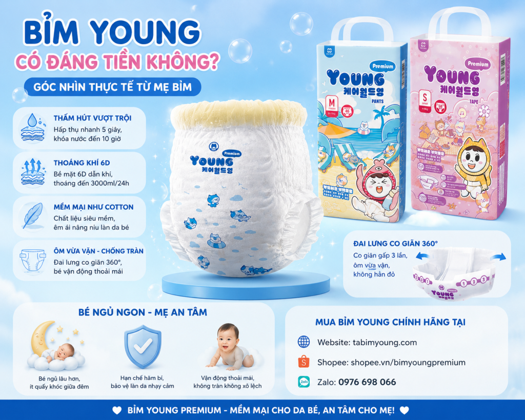Bỉm Young Premium mềm mại, thấm hút nhanh 5 giây, thoáng khí 6D, phù hợp cho bé dùng ban ngày và ban đêm.