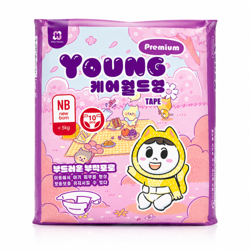 Bỉm dán sơ sinh Young Premium NB 10 miếng dành cho bé dưới 5kg. Mềm mại, thấm hút nhanh, chống tràn và thoáng khí cho bé sơ sinh.