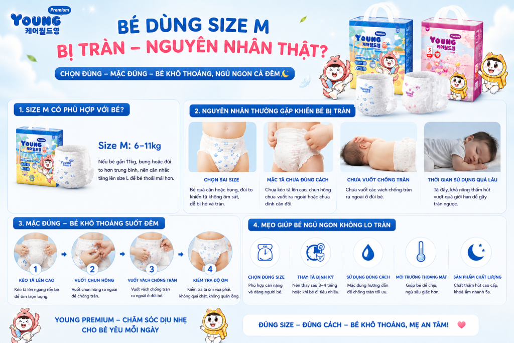 bé dùng size M bị tràn nguyên nhân thật với bỉm young premium