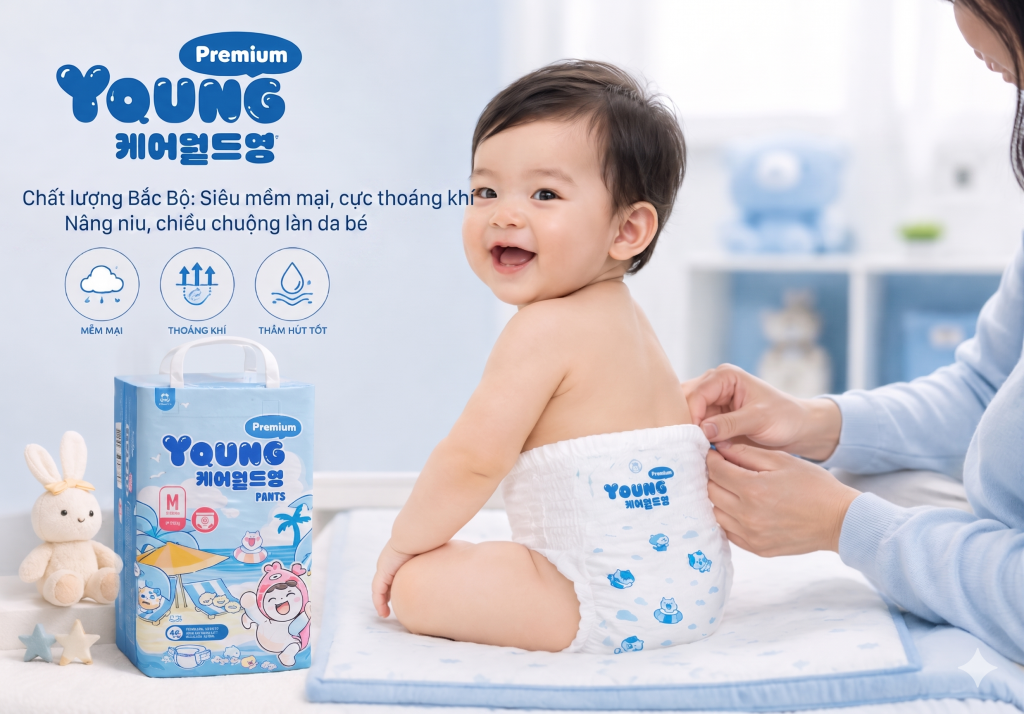 Bé mặc tã bỉm young size M – hướng dẫn mặc đúng cách tránh tràn bỉm
