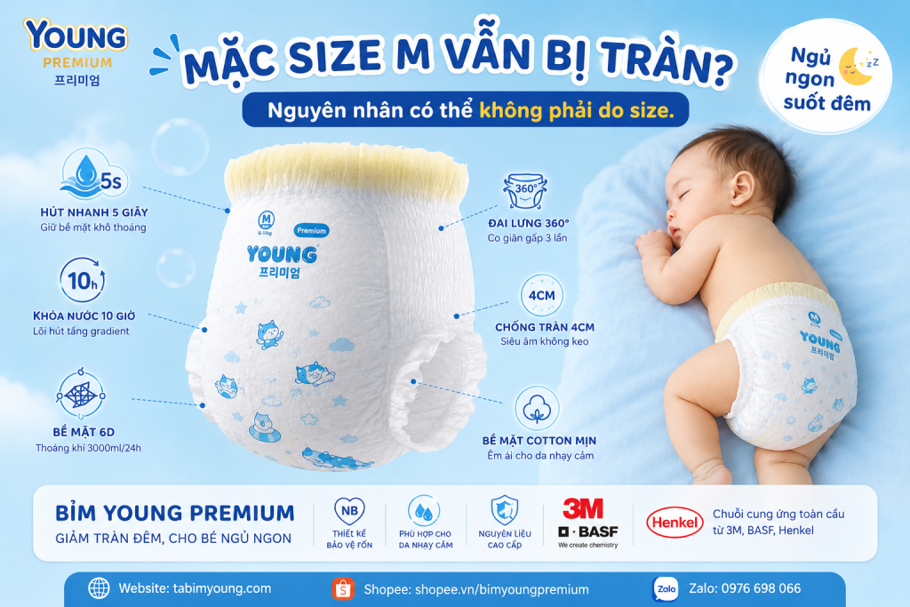 Bé dùng size M bị tràn bỉm – nguyên nhân và cách khắc phục với Bỉm Young Premium