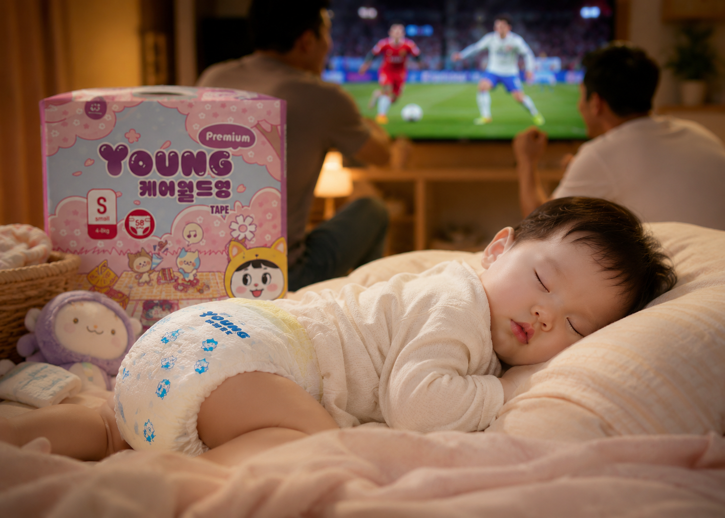 Bé ngủ ngon suốt đêm với Bỉm Young Premium trong khi gia đình xem bóng đá tại nhà.