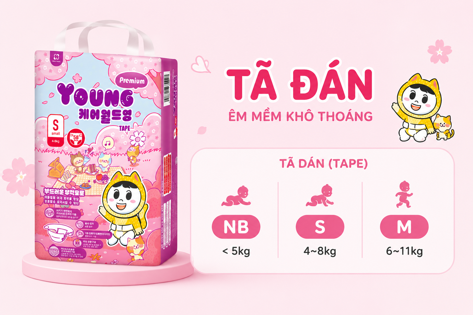 Bỉm dán Young Premium dành cho trẻ sơ sinh với các size NB, S, M. Thiết kế mềm mại, thấm hút tốt, giúp bé luôn khô thoáng và thoải mái cả ngày.