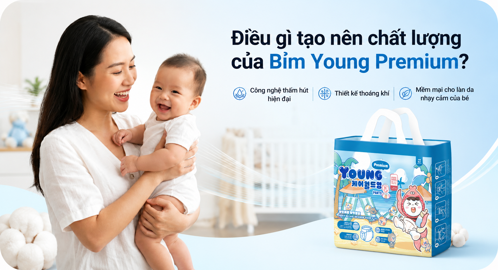 Hình ảnh mẹ và bé cùng sản phẩm Bỉm Young Premium – bỉm em bé mềm mại, thoáng khí và thấm hút tốt.