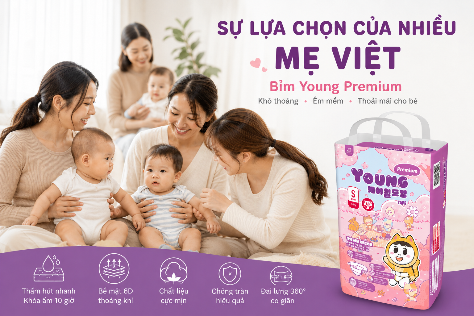 Bỉm Young Premium thấm hút nhanh cho bé sơ sinh và trẻ nhỏ