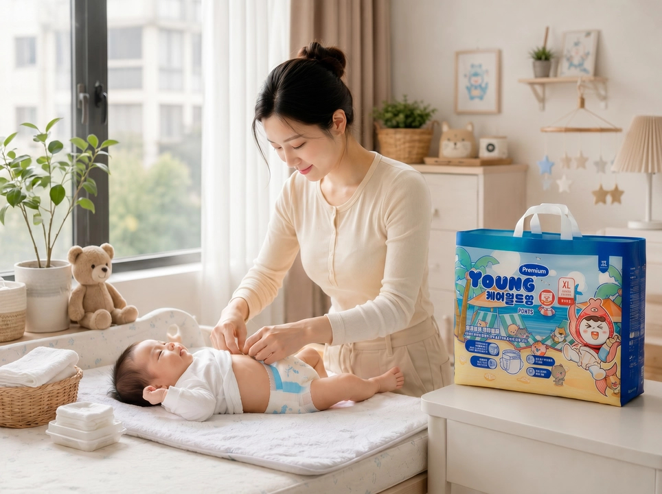 Mẹ đang thay bỉm Young Premium cho em bé sơ sinh bên cạnh cửa sổ phòng ngủ