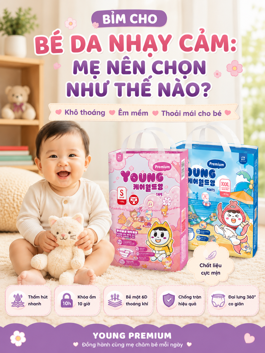 Bỉm Young Premium phù hợp cho bé da nhạy cảm với bề mặt 6D thoáng khí và chất liệu cực mịn